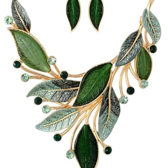 Retro Leaf Floral Geometric Bohemian Boho Bib Necklace Earring Set for Women - Picture 1 of 6